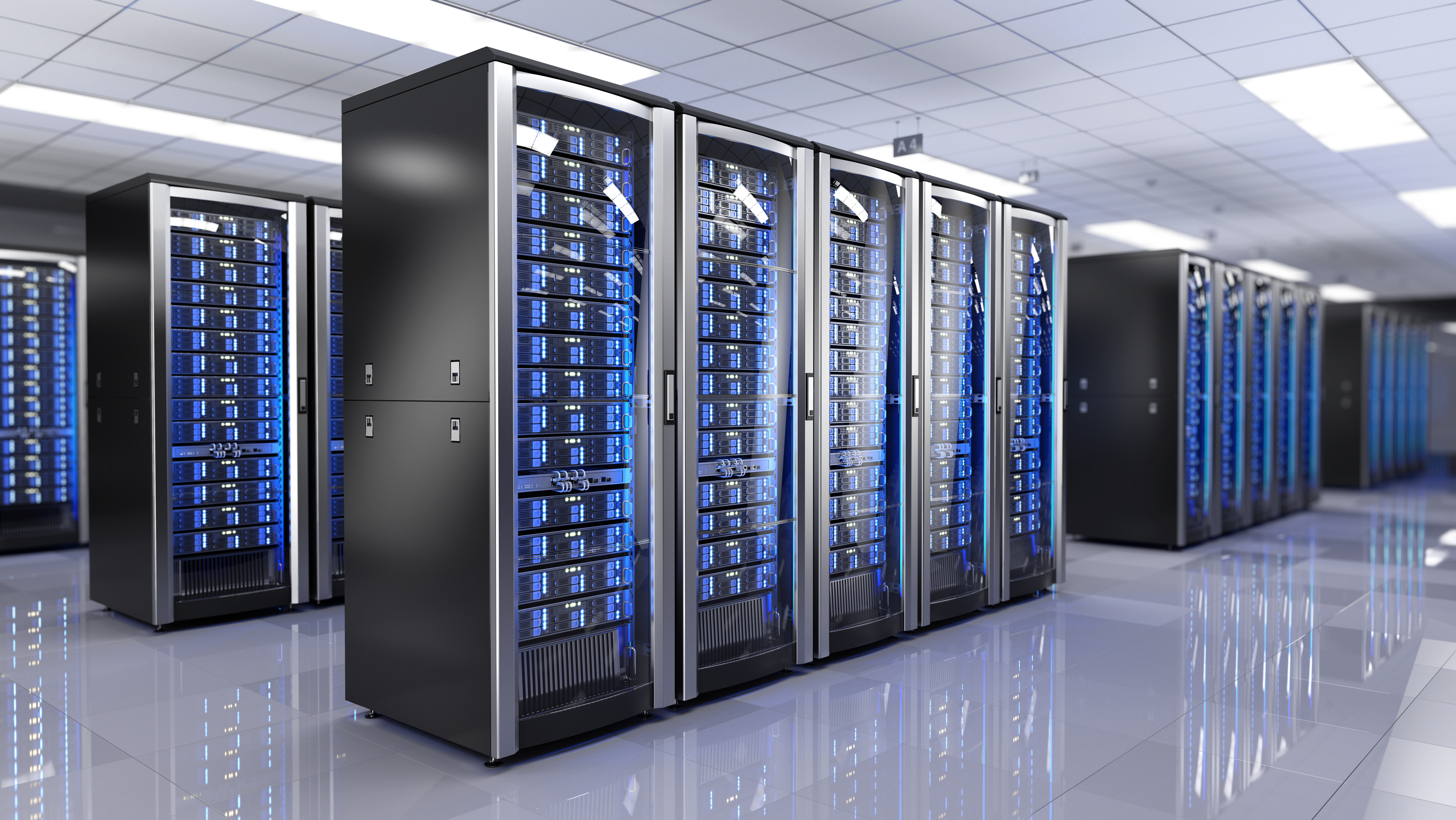 Server racks in server room data center – 3d rendering
